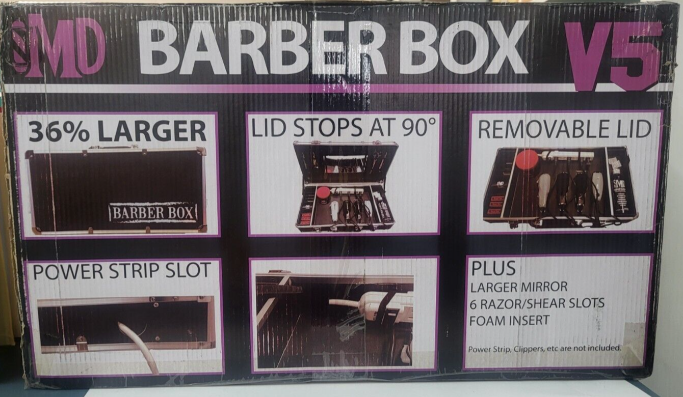 MD BARBER BOX V5 ~ Larger Mirror, 6 Razor / Shear Slots, and Foam Inserts