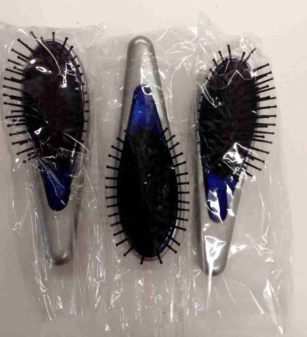 ( LOT Of 3) HAYASHI Cushioned Small Palm Size TRAVEL BRUSH ~ (Silver & Blue)
