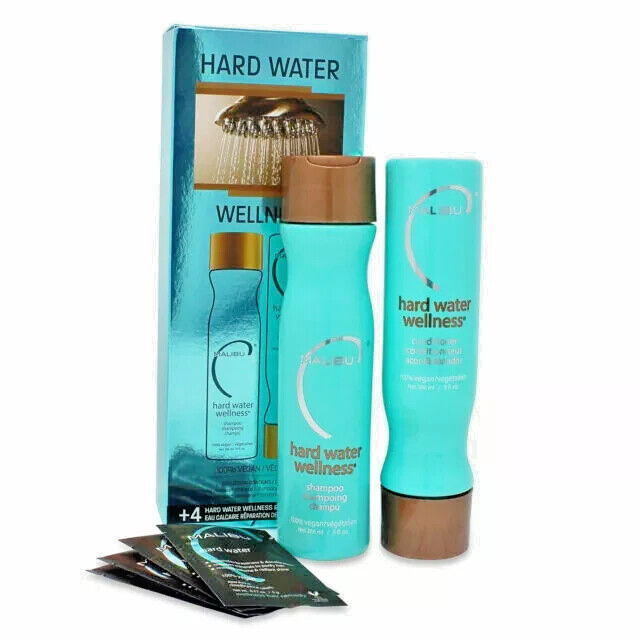 MALIBU C HARD WATER Wellness Kit 100% Vegan ~ 9 oz Shamp / Cond / +4 Remedy pkts